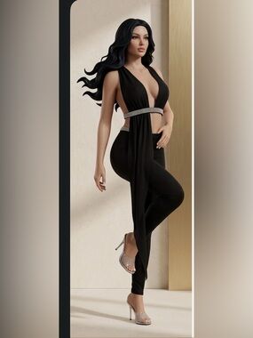 Black Plunge Cutout Jumpsuit with Rhinestone Band